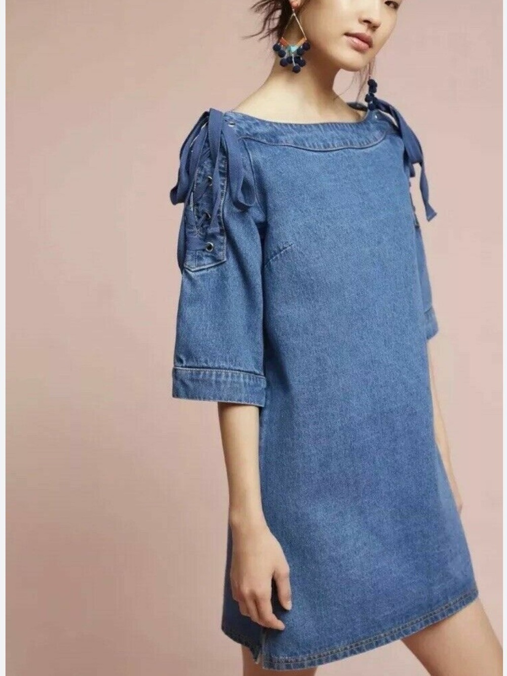 Maeve Anthropologie Denim Lace Up Shoulder Blue Tunic Mini Dress size MP